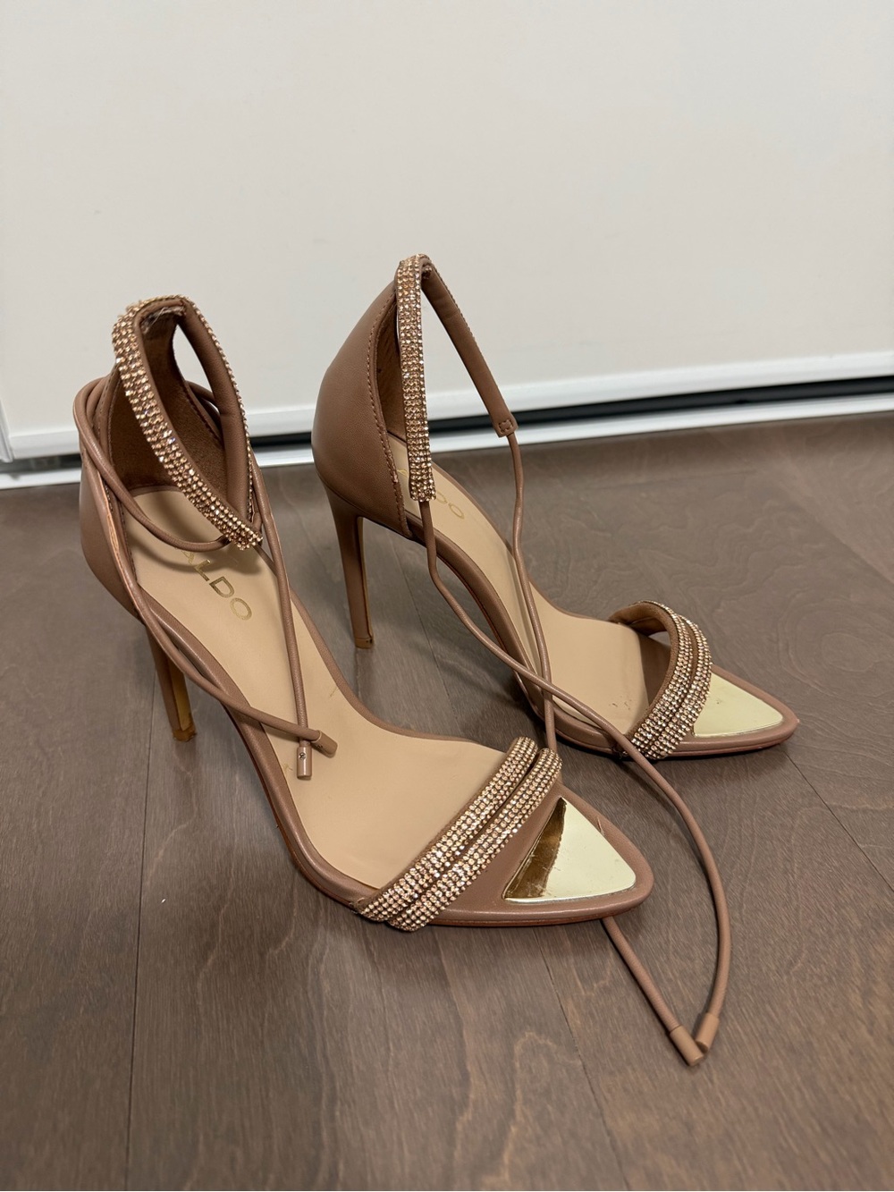 Aldo Brown Strappy Rhinestone Wrap High Heel Sandals